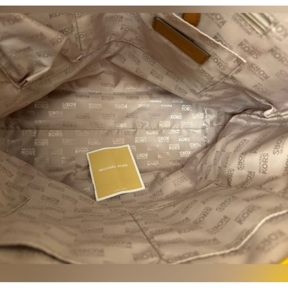 Michael Kors Yellow Canvas Satchel Tote Bag Tan Leather Trim Gold Hardware Large - Picture 4 of 10